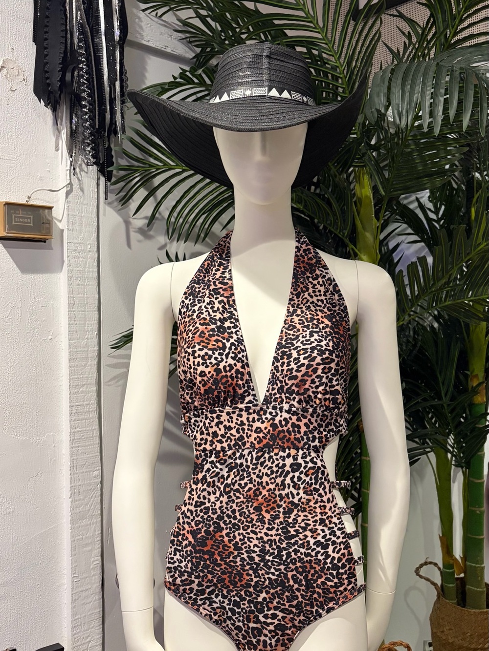 Leopard Print Halter One-Piece Swimsuit - Pink/Brown